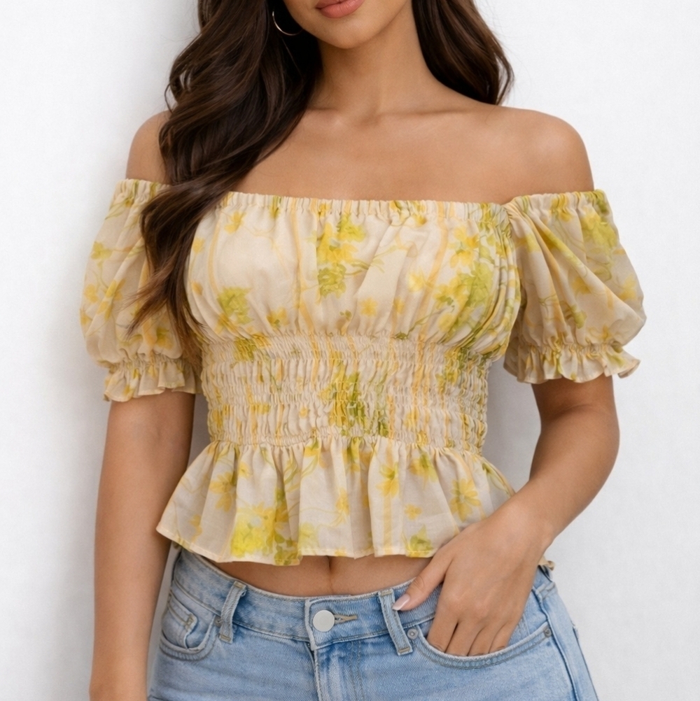 THE CURATED CURVY Puff Sleeve Smock Off Shoulder Colonial Castlecore Crop Top